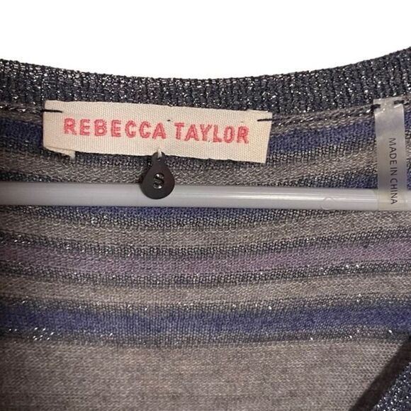 Rebecca Taylor- Women’s Metallic Blue Striped V-Neck Long Sleeve Dress, Size S - Picture 4 of 14